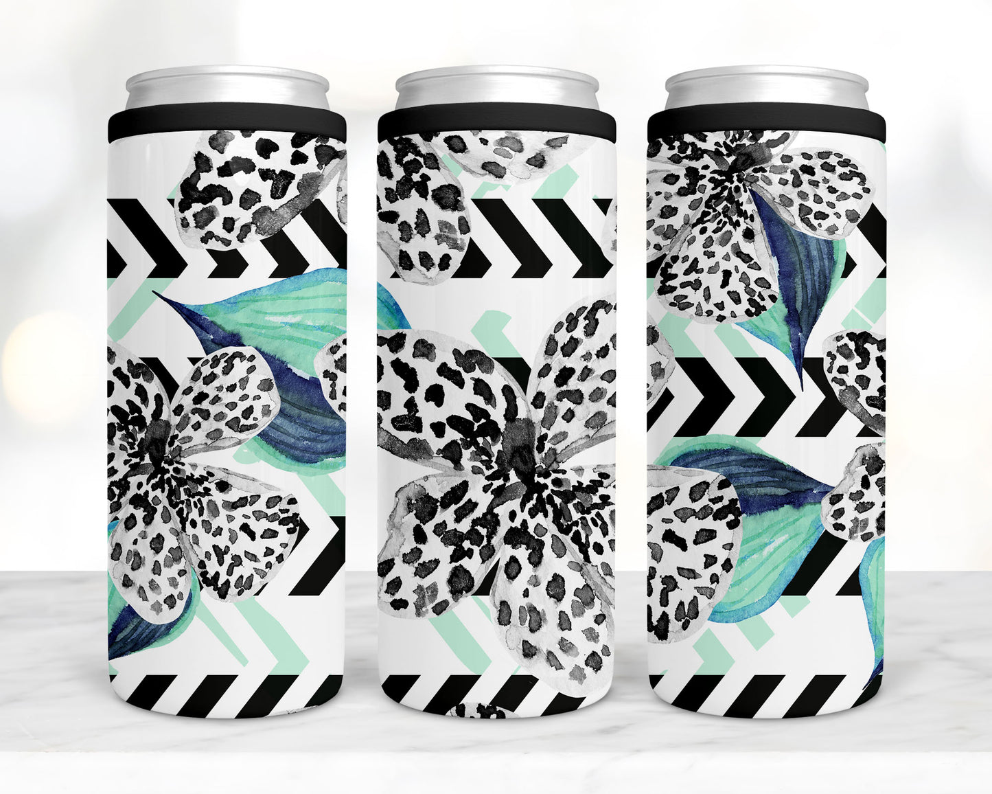 Mint, black and white floral koozie