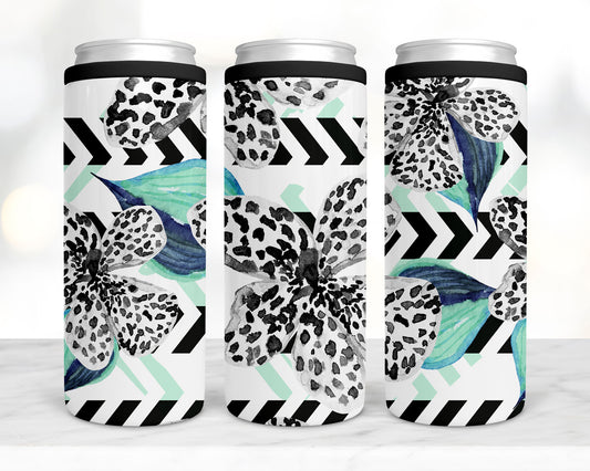 Mint, black and white floral koozie