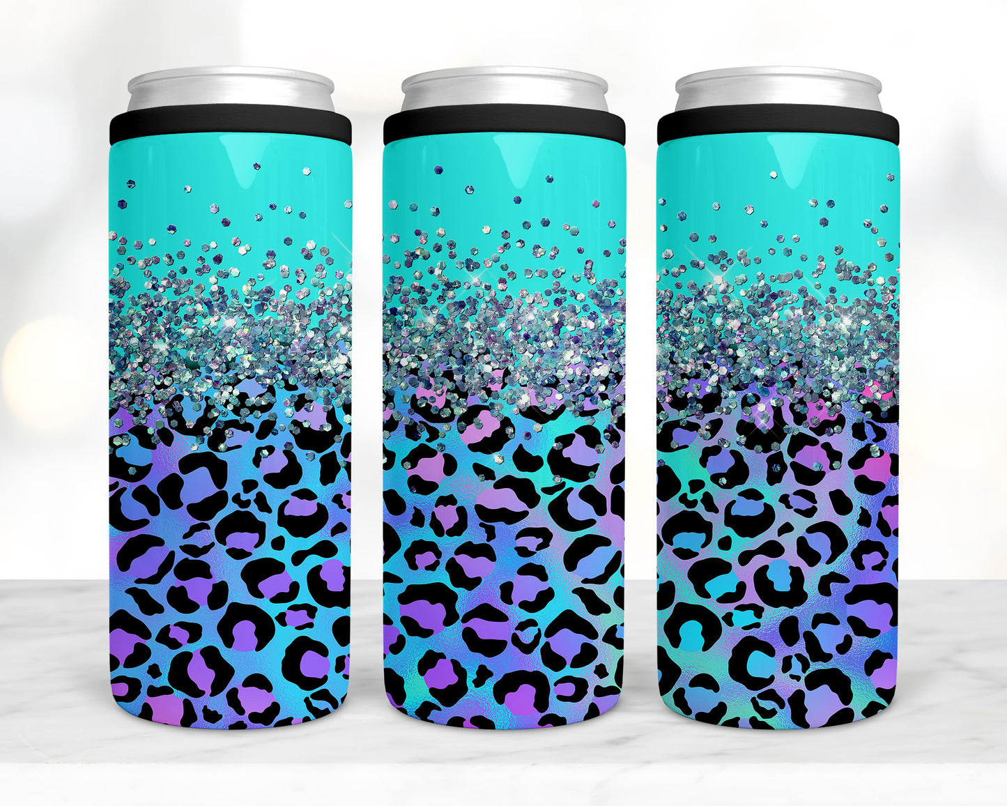 Purple and teal leopard sparkle koozie