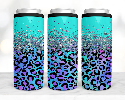 Purple and teal leopard sparkle koozie