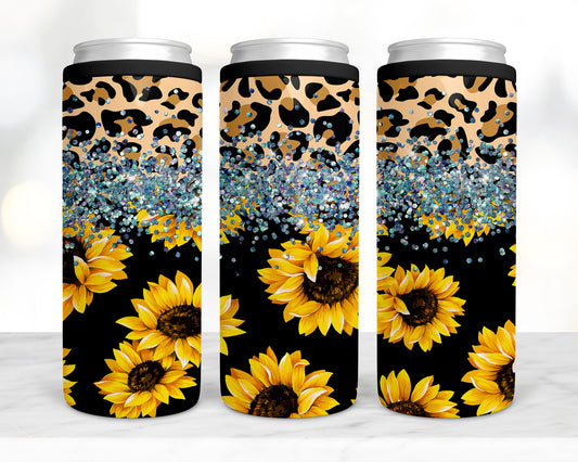 Leopard and sunflower sparkle koozie