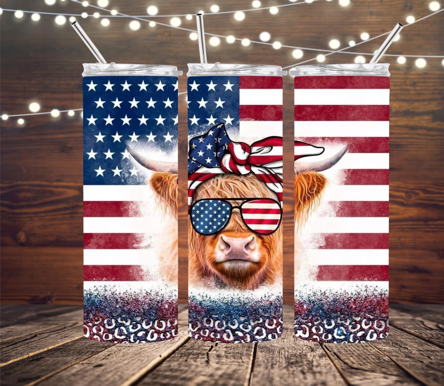 Red white and blue highland cow